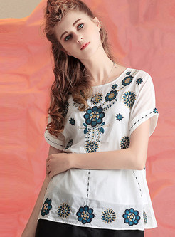 Casual Embroidered O-neck Short Sleeve T-shirt 