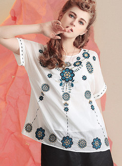 Casual Embroidered O-neck Short Sleeve T-shirt 