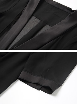 Casual Black V-neck Half Sleeve Loose Coat 