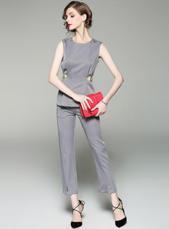 Work Vertical Striped Slim Two-piece Outfits