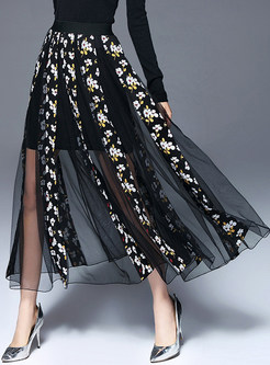 Sexy Perspective Floral Print Gauze Splicing Skirt 