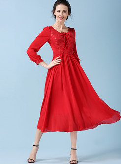 Party Red V-neck Three Quarters Sleeve Slim Maxi Dress 