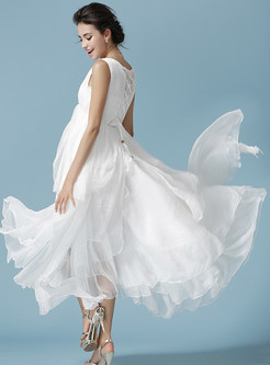 Casual White O-neck Sleeveless Sheath Asymmetrical Beach Maxi Dress 