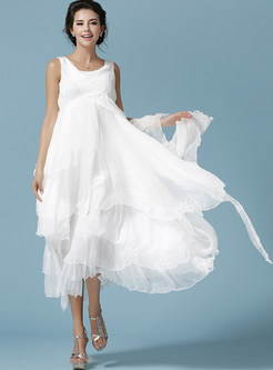 Casual White O-neck Sleeveless Sheath Asymmetrical Beach Maxi Dress 