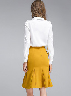 Work Pure Color Turn-down Collar Blouse & Falbala Sheath Slim Skirt 