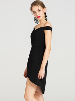 Black Asymmetric Hem Slash Neck A-line Dress