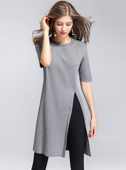 Grey Split Asymmetric Knitted T-shirt