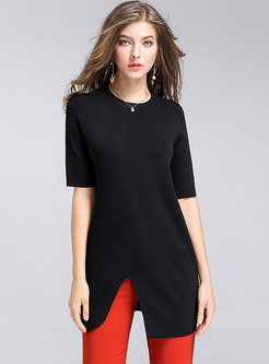 Black Knitted Split Asymmetric T-shirt