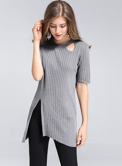 Brief Split Hollow Knitted T-shirt