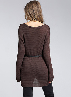 Brown V-neck Asymmetric Pullover Sweater