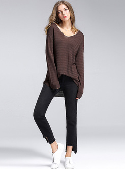 Brown V-neck Asymmetric Pullover Sweater