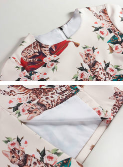 Elegant Cat Pattern Print Long Sleeve Slit Bodycon Dress