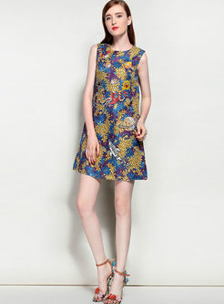 Floral Print Nail Bead Sleeveless Shift Dress