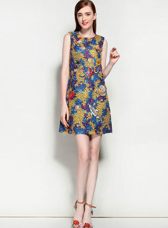 Floral Print Nail Bead Sleeveless Shift Dress