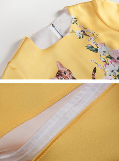 Yellow Cat Pattern Print Long Sleeve Skater Dress