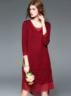 Causal Loose Three Quarters Sleeve Knitted Dress With Underskirt
