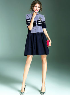 Brief Nail Drill Striped Knitted Stitching Shift Dress