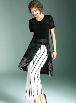 Black Slim Knitted Dress With Underskirt& Striped Loose Wide Leg Pants