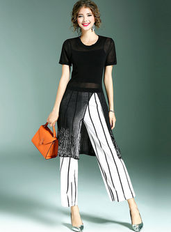 Black Slim Knitted Dress With Underskirt& Striped Loose Wide Leg Pants