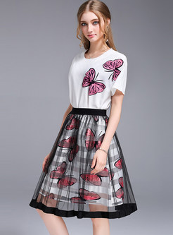 Cute Butterfly Print O-neck Loose T-shirt & Gauze Splicing Perspective Skirt 