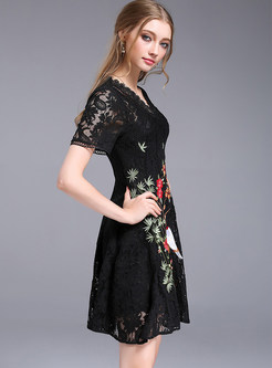 Part Embroidered Lace Hollow-out V-neck Skater Dress 