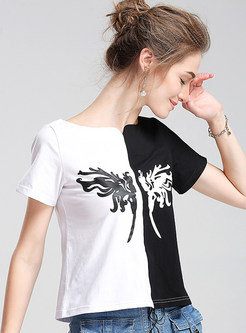 Casual Print O-neck Short Sleeve Sheath T-shirt