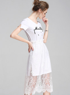 Street Print Lace Splicing V-neck T-shirt Dress 