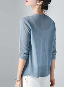 Casual Pure Color V-neck Three Quarter Sleeve Knitted Sweater 