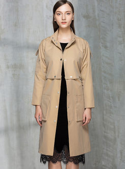 Pure Color Single-breasted Long Sleeve Trench Coat