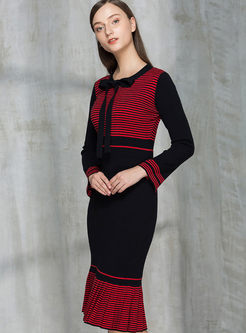 Sweet Striped Stitching Slim Long Sleeve Bodycon Dress