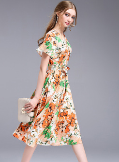 Street V-neck Floral Print A-line Dress
