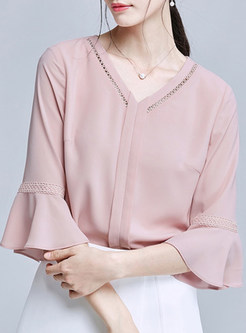 Brief Hollow-out V-neck Flare Sleeve Blouse 