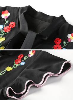 Street Tied-collar Embroidery Slim Skater Dress