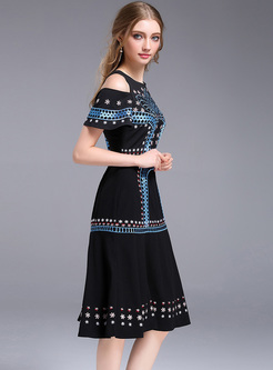 Ethnic Off Shoulder Embroidery A-line Dress