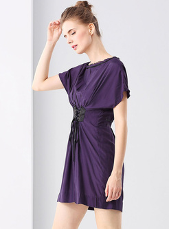 Elegant Tied-waist Bat Sleeve Purple Dress