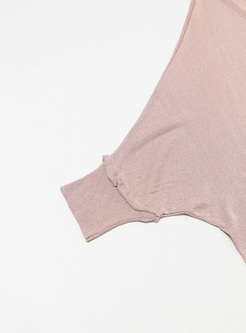 Pink V-neck Bat Sleeve Asymmetric Hem Knitted Dress