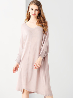 Pink V-neck Bat Sleeve Asymmetric Hem Knitted Dress