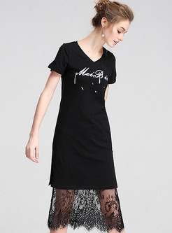 Street Black Print V-neck T-shirt Dress Without Lace Skirt 