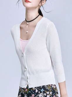 Casual Pure Color V-neck Knitted Sweater 