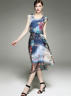 Vintage Silk Elastic Waist Sleeveless Asymmetry Hem Skater Dress
