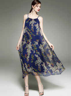 Causal Floral Print Silk Sleeveless Maxi Dress
