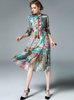 Ethnic Silk Floral Print Skater Dress