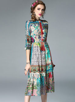 Ethnic Silk Floral Print Skater Dress