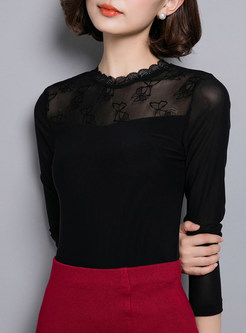 Sexy Lace Splicing Gauze Splicing Hollow-out T-shirt 