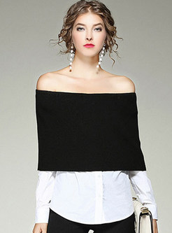 Sexy Splicing Slash Collar Long Sleeve Knitted Sweater 