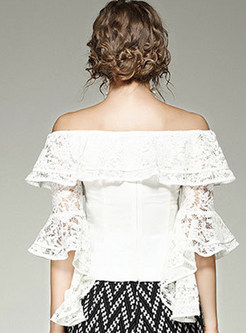 Sexy Hollow-out Slash Collar Flare Sleeve Lace Blouse 