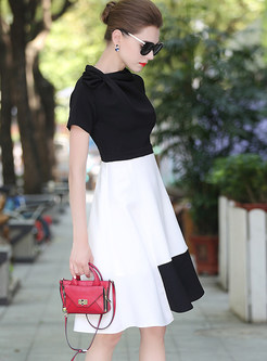 Work Black And White Splicing Slash Collar Slim Skater Dress 
