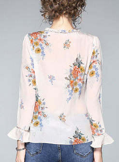 Silk Floral Print Falbala Long Sleeve Blouse