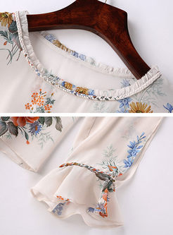 Silk Floral Print Falbala Long Sleeve Blouse