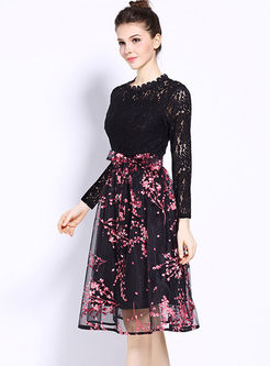 Lace Stitching Mesh Floral Print Skater Dress